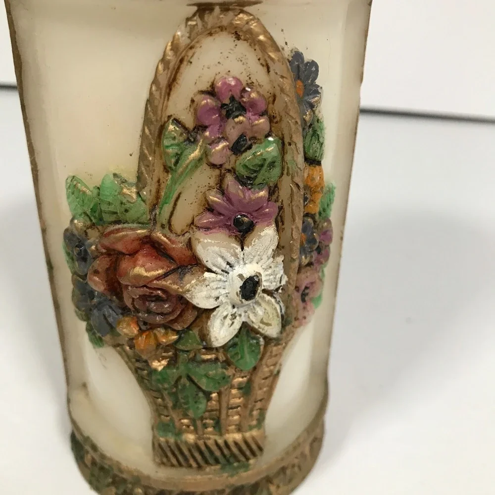 Vintage Floral Basket Relief Pillar Candle Gold Trim Decorative White Wax